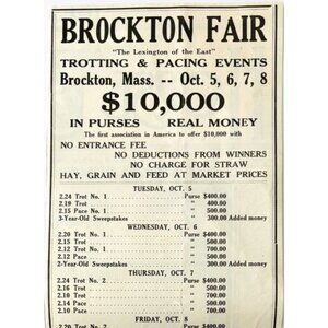 1920 Brockton Fair Horse Racing Event Advertisement Massachusetts Purses DWYY9